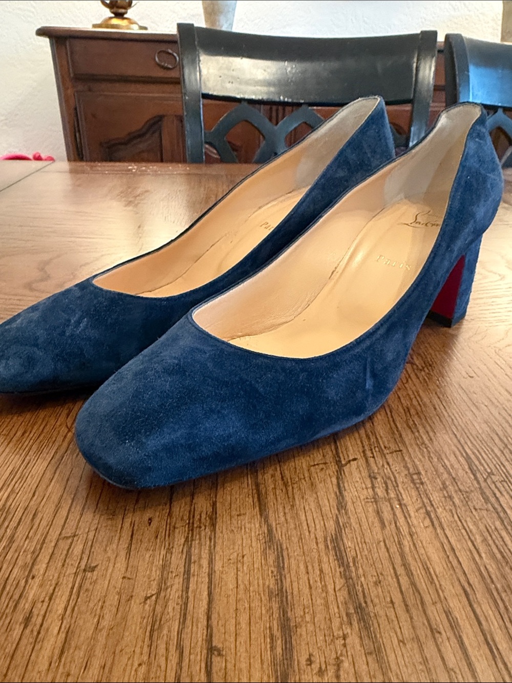 Christian Louboutin Blue Suede Block Heel Pumps with Red Sole